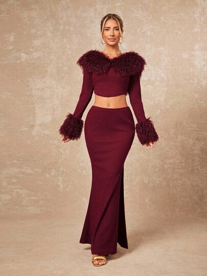 Lumalex Winter Fall 2pcs Faux Fur Patchwork Long Sleeve Turtleneck Crop Top & Mermaid Skirt Set For Women Knitted Two Piece Outfit Two Piece Skirt Set Classy Two Piece Outfit Elegant 2 Piece Set Formal Two Piece Set Luxury Prom Gathering Party Banquet Modest Old Money Coquette Glitter Holiday Party Rave Festival Outing Vacation Hot Outdoor Richly Layered Wedding Season Banquet Halloween Christmas New Year ANCORA Red Bordeaux Red BURGUNDY Red Party Must Have Perfect For Frosty Days Looks Of Party Gala Night Party Dress For Autumn