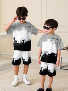 SHEIN 2 Pieces Set Young Boys Casual Comfortable Versatile Splash Ink Print Short Sleeve Top And Shorts Set, Suitable For Spring And Summer - Grey - View 4