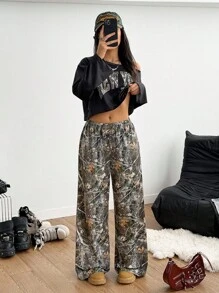 Teen Girl Letter Print Long Sleeve Cropped T-Shirt And Branch Print Pants Casual Outfit - Multicolor - View 4