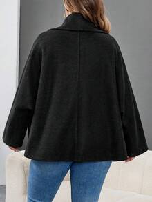 SHEIN CURVE+ Abrigo negro elegante con solapa para mujer de talla grande, de manga larga y versátil, adecuado para otoño/invierno - Negro - Ver 2