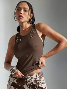 Denimoi O-Ring Scoop Neck Ribbed Knit Tank Top - Brown - View 2