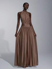 Elitara 优雅、浪漫、性感、简约的棕色弹性露背 A 字裙，时尚适合节日、度假、生日派对、婚礼、伴娘活动 - 咖啡棕 - 查看 5