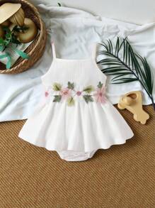 SHEIN Vintaside Kids Baby Girls' Knitted Flower Patchwork Decor Spaghetti Straps Sleeveless Bodysuit For Summer