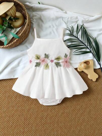 SHEIN Vintaside Kids 夏季嬰兒女孩針織花綵拼接裝飾細肩帶無袖連體衣