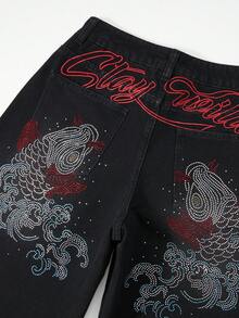 ROMWE Avant Quần jean ống đứng dáng rộng đính đá Rhinestone dành cho nữ - màu đen - Xem 4