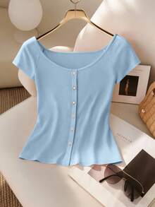 Franclia 女式夏季纯色圆领插肩袖短袖休闲单扣T恤
