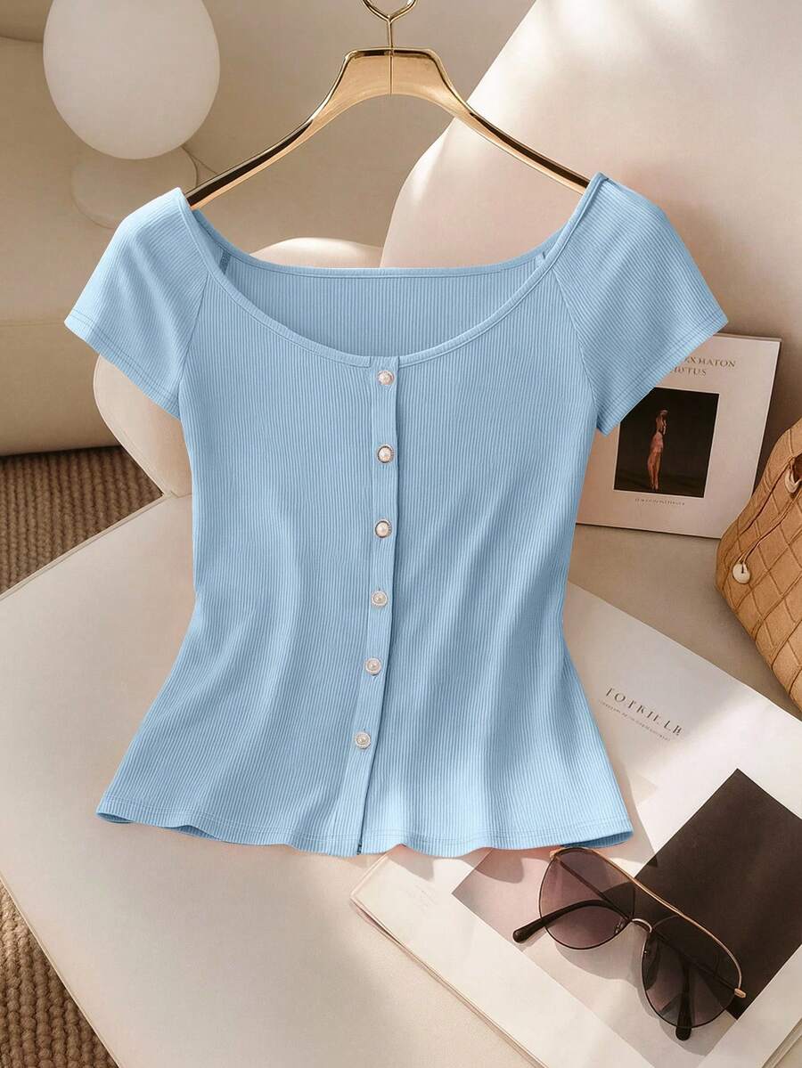 Franclia 女式夏季纯色圆领插肩袖短袖休闲单扣T恤