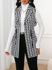 SHEIN Lady 秋冬女款黑白几何印花翻领抽绳腰背心外套 - 彩色 - 查看 3