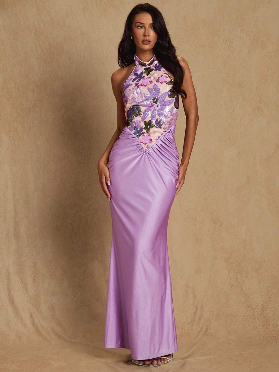 Glamine Váy cổ yếm thêu kim sa cho nữ, váy maxi hở lưng thanh lịch, váy dự tiệc - Màu tím - Xem 1