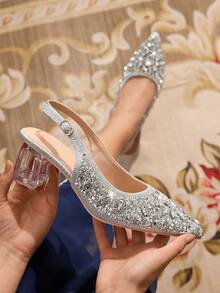 CUCCOO TILAWA Women's Crystal Heel Rhinestone Mesh Pointed Toe Slip-On Pumps, Suitable For Outings, Banquets, Parties And Other Events - Silver - View 6