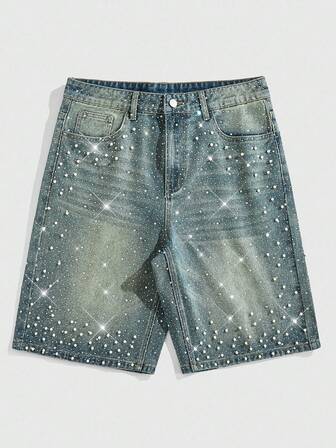 Street Life Herren Perlmutt & Diamant Dekor Loose Denim Shorts