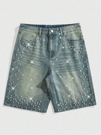 Street Life Men's Pearl & Diamond Decor Loose Denim Shorts