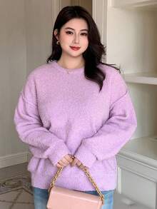 Dazy Plus 大码女式纯色厚圆领宽松优雅套头衫，紫色秋季 - 紫色 - 查看 4