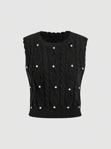SHEIN Unity Women's Drawstring Pearl Decor Crew Neck Solid Color Knit Top,Casual Daily Wear,Commuter Style - Black - View 2