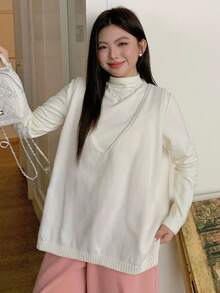 Dazy Plus 大码女式侧开衩V领宽松套头毛衣背心，秋冬 - 杏色 - 查看 6