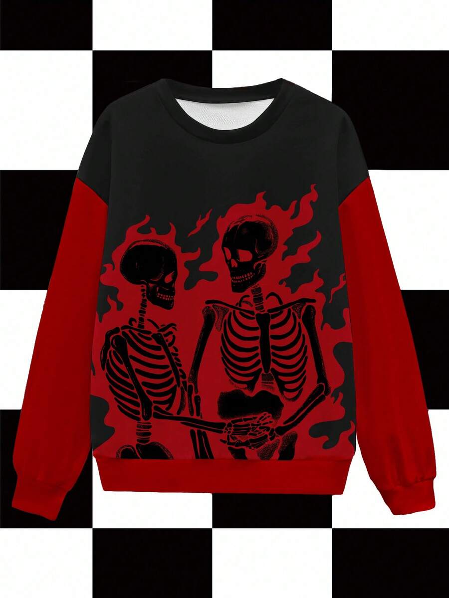Bat Sada Halloween Women's Loose Fit Contrast Color Pullover Hoodie, American Dark Style Skull Y2K Hip Hop Graphic Print Halloween Sweatshirts Skeleton Sweatshirt Graphic Sweatshirt Flaming Skeleton Sweatshirt Skull Sweatshirt Gothic Sweatshirt Flames Sweatshirt - Red - View 1