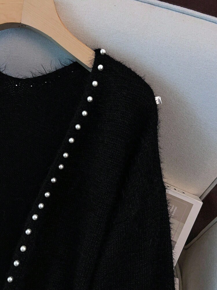 GlowEve CURVE 大码串珠缀饰长袖开衫 - 黑色 - 查看 6