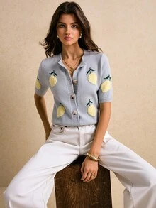 Poéselle 柠檬刺绣休闲针织短袖开衫 - 淺藍色 - 查看 9