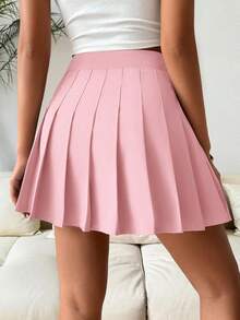 SHEIN PETITE 纯色褶皱优雅休闲通勤 Y2K 学院风女士褶皱裙、女式裤裙、女式短裤、春夏 - 粉色 - 查看 2