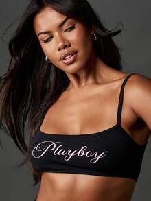 Missguided x Playboy Black Square Neck Bralette Lounge Crop Top Soft Ribbed No Wire Cotton Blend Slim Fit Scoop Back Streetwear Comfort Basic Everyday Summer Minimalist - Black - View 5