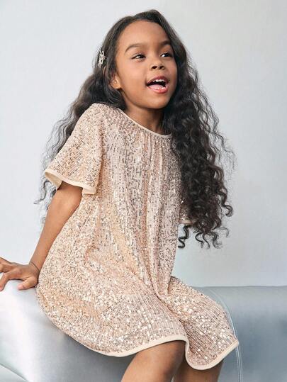 Maija Kids Maija Kids Young Girl Sequin Fabric Ruffle Sleeve Round Neck Dress