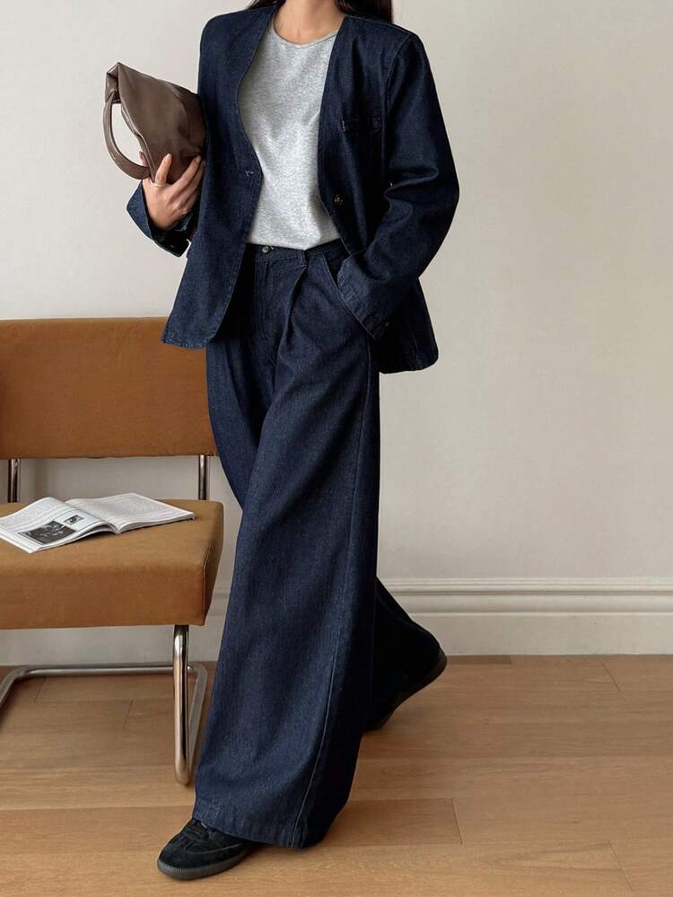 Women's V-Neck Denim Blazer Jacket And Loose Wide-Leg Pants 2 Pieces Casual Denim Suit Set