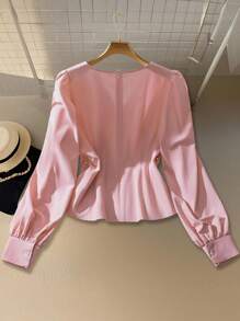 GlowEve Pink V-Neck Long Sleeve Ruched Elegant Women Blouse Fall Cloth For Women - Pink - View 2