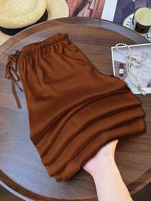 Rusticease Pantalones de pierna ancha de cintura baja de satén brillante para mujeres, casuales y adecuados para el transporte, primavera/verano - Café integral - Ver 2