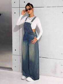 SHEIN 少女宽松蓝色带口袋牛仔背带裤 - 深色水洗藍 - 查看 7