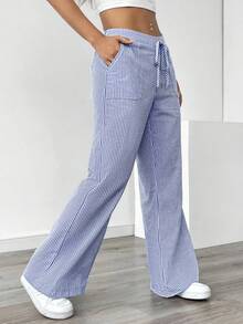 SHEIN PETITE Quần ống rộng sọc xanh thường ngày dành cho nữ, đi nghỉ - Màu xanh lam - Xem 6
