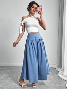Elenzga 女式休闲高腰飘逸下摆加长牛仔裙 - 藍色 - 查看 4