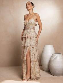 L'Amorae Women's Layered Spaghetti Strap Dress With Thigh High Slit - Yellow - View 3