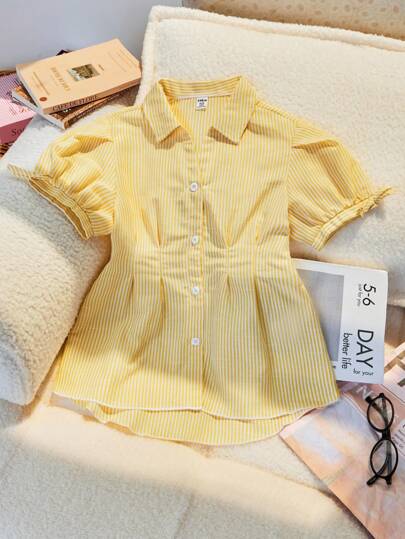Sparklyn Striped Front Button Short Sleeve Casual Shirt, Lantern Sleeves, Bowknot Pleated Waist A-Line Slim Fit, Suitable For Girls, Office, Vacation & Leisure, Summer, School, Campus, College Summer Holiday