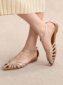 Rosivie 2025 新款女士镂空编织罗马凉鞋，时尚平底封闭式鞋头带扣沙滩休闲鞋 - 金色 - 查看 9