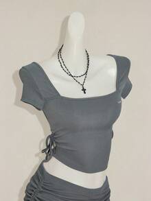 SHEIN ICON 2pcs Fall Going Out Grey Women Solid Color Square Neck Short Sleeve T-Shirt And Drawstring Waist Skirt Casual Set