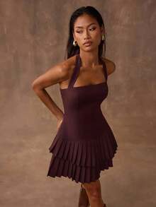 SHEIN BAE 女式时尚纯色褶饰挂脖迷你连衣裙 - 咖啡棕 - 查看 5