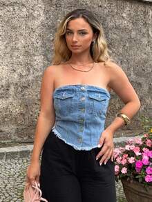 Jeta Ari 毛邊下擺鈕扣前筒牛仔上衣 - 淺色水洗藍 - 查看 5