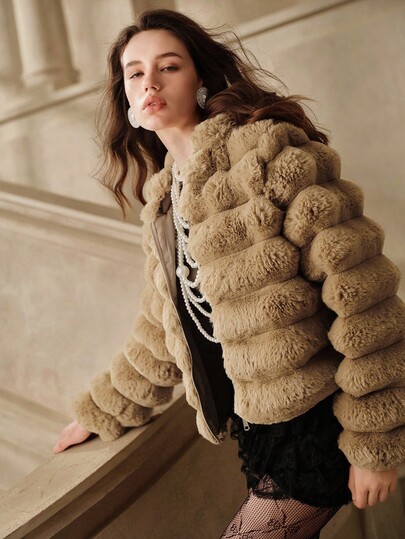 Anewsta Savoree Chaqueta con capucha de piel sintética de moda para mujer, otoño/invierno