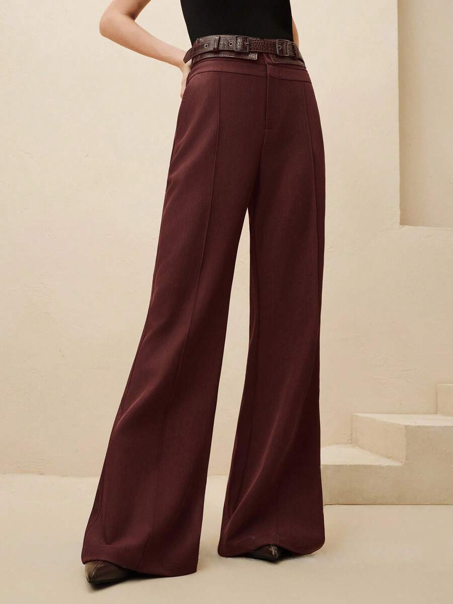 Anewsta 时尚高腰裤，配金属扣腰带，适合通勤，优雅，别致，秋冬，新年，勃艮第酒红色 - 中紫紅色 - 查看 1