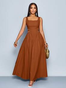 SOLERSUN Váy chữ A hở lưng xếp ly cổ vuông thanh lịch cho nữ diện Hawaii, Váy mùa hè cho nữ, Váy tiệc trà, Váy maxi tốt nghiệp màu trắng - Rỉ Nâu - Xem 4