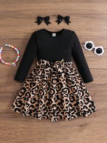 Emery Rose Kids Emery Rose Kids Vestido casual de niña con cuello redondo de punto, estampado de leopardo por parches. Vestido de manga larga con estampado de leopardo jacquard, adecuado para otoño/invierno