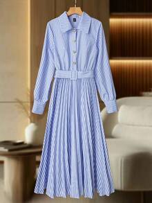 Franclia 通勤简约条纹长袖系带拼布褶皱连衣裙 - 藍色 - 查看 1
