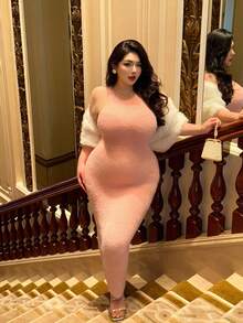 SHEIN MOOSTA Women's Slim Fit Waist Cinched Long Knit Sweater Dress, Autumn/Winter Fall - Pink - View 2