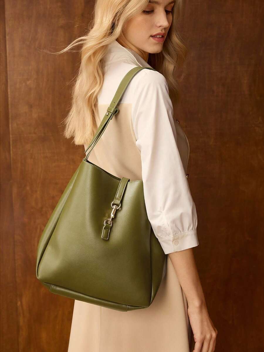 MOTF PREMIUM BUCKLE PU LEATHER SHOULDER BAG, WORK COMMUTER BAG - Olive Green - View 1