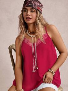 Freevana Plus Size Women Casual Lace Trim Solid Color Camisole