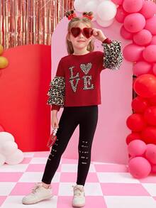 2pcs Girls Leopard Print Heart Valentine's Day Casual Outfit - Red - View 6