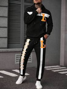 Manfinity LEGND Men's Hooded Sweatshirt Set, Mature Street Style Textured Fabric, English Letter Print Pattern - Black - View 5