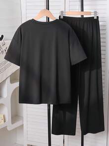 2件套少女心印花圆领休闲短袖T恤和长裤 - 黑色 - 查看 2