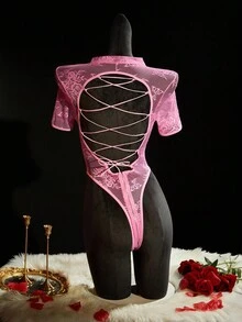 SpicyHot 2 件套蕾丝拼布镂空拉链裆部超性感内衣套装，情人节，外出 - 玫紅色 - 查看 2