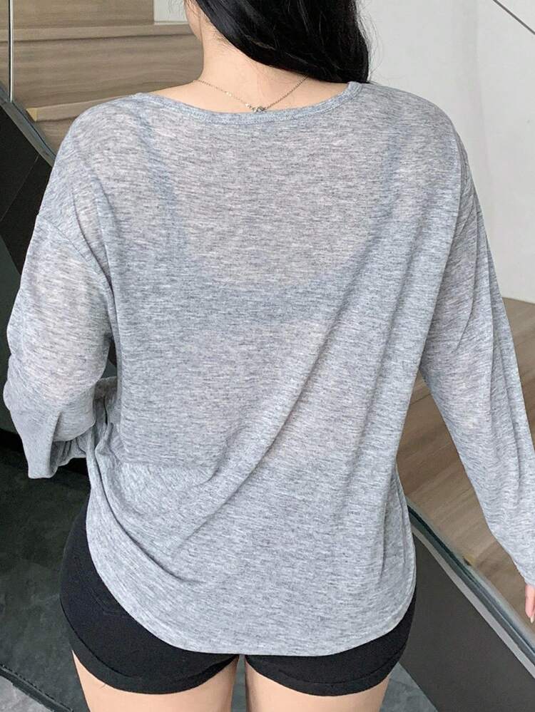 Dazy Plus Solid Color Round Neck Half-Open Front Long Sleeve T-Shirt, Spring/Summer Preppy Tops